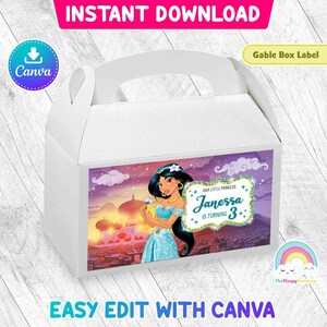 Princess Jasmine Birthday Party Gable Box Label Aladdin Treat Box Sticker Printable Easy Edit Canva Template Editable File