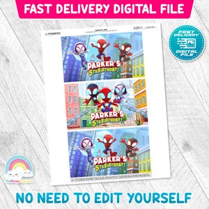 May include: A digital file containing three rectangular gable box labels featuring cartoon superheroes in a city setting. Each label displays the text Parker's 5th Birthday in red and yellow lettering, with colorful buildings and characters.