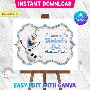 Frozen Olaf Welcome Birthday Sign Frozen Door Sign Poster Birthday Party Easy Edit Canva Template Editable File