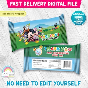 May include: A digital file for a rice treats wrapper featuring Mickey Mouse and friends. The wrapper design includes the text "JACKSON'S 3RD BIRTHDAY!" and "THANK YOU FOR CELEBRATING WITH ME!" with a nutrition facts label.