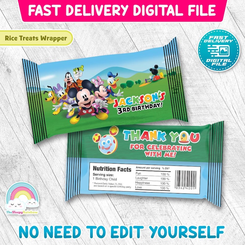 May include: A digital file for a rice treats wrapper featuring Mickey Mouse and friends. The wrapper design includes the text "JACKSON'S 3RD BIRTHDAY!" and "THANK YOU FOR CELEBRATING WITH ME!" with a nutrition facts label.