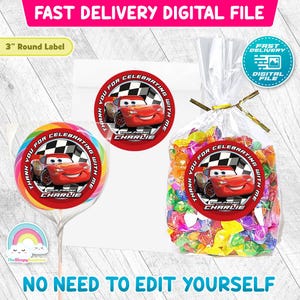 Naklejki okrągłe 3 cale z motywem samochodów, etykiety na upominki na przyjęcie urodzinowe, naklejki w kształcie koła 3 cale z motywem samochodu wyścigowego, oświetlenie, etykiety na smakołyki McQueen Mater, etykiety z podziękowaniami