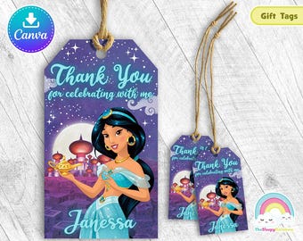 Princess Jasmine Birthday Party Favor Tags Aladdin Gift Treats Tags Thank you Label Easy Edit Canva Template Editable File