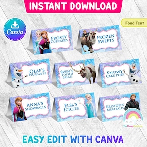 Frozen Elsa Anna voedseltent verjaardagsfeestje afdrukbaar Frozen Food Label 8 ontwerpen voedseltent gemakkelijk bewerken Canva sjabloon bewerkbaar bestand