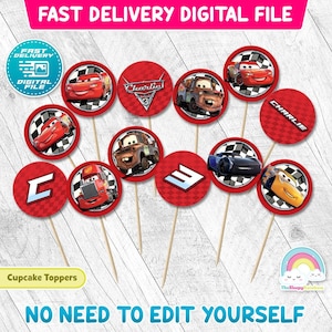 Cars cupcake toppers 2 inch round Birthday Party Printable Race Car 2 inch circle Sticker cupcake topper Lighting Mc Queen Mater Decoration