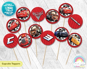 Cars cupcake toppers 2 inch round Birthday Party Printable Race Car 2 inch circle Sticker cupcake topper Lighting Mc Queen Mater Decoration