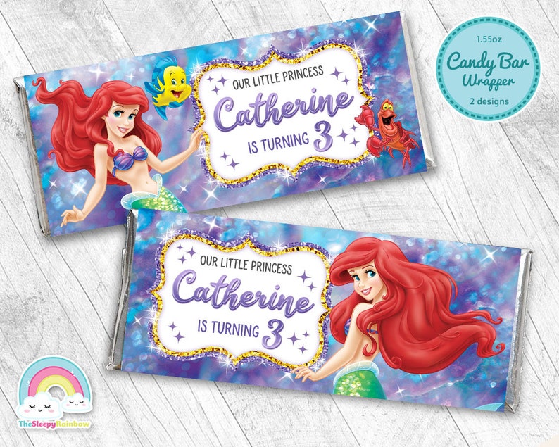 Little Mermaid Birthday Party Candy Bar Wrapper Little Mermaid Ariel Chocolate Bar Wrapper Label Printable