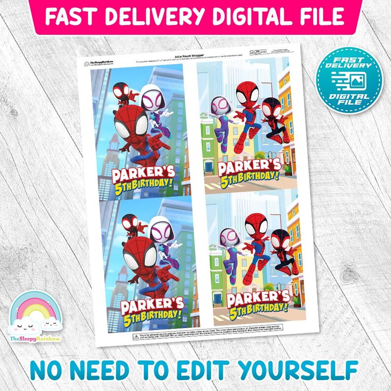 May include: A digital file containing four rectangular juice pouch wrappers featuring cartoon superhero characters in a city setting. Each wrapper displays the text Parker's 5th Birthday in red and yellow lettering against a blue sky background.