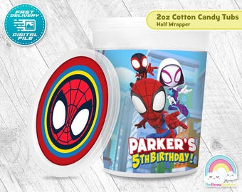 Spidey and His Amazing Friends Birthday Party Cotton Candy Tub Wrapper Label  2 oz Ghost-Spider Spin Printable Decoration