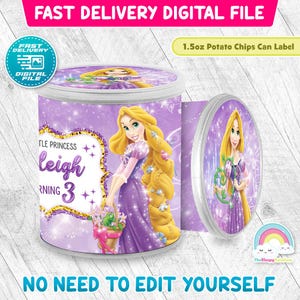 Puede incluir: Una etiqueta de lata de papas fritas morada con una princesa de dibujos animados con cabello largo y rubio. La etiqueta incluye el texto "Leigh" y "3" con las palabras "Fast Delivery Digital File" y "No Need To Edit Yourself".