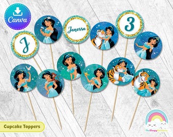 Princess Jasmine cupcake toppers 2 inch round Birthday Party Printable Aladdin 2 inch circle Sticker cupcake topper Edit Canva Template