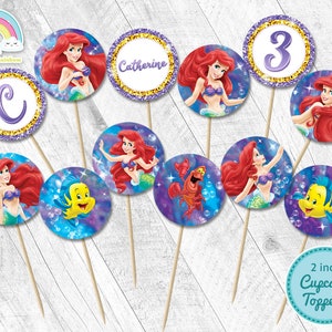 Little Mermaid cupcake toppers 2 inch round Birthday Party Printable Ariel Mermaid 2 inch circle Sticker cupcake topper