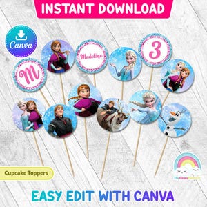 Toppers per cupcake Frozen Elsa Anna Olaf da 2 pollici rotondi per feste di compleanno, stampabili, modello Canva facile da modificare, modificabile