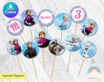Adornos para cupcakes de Frozen, Elsa, Anna y Olaf, redondos de 2 pulgadas, imprimibles para fiesta de cumpleaños, círculos de 2 pulgadas, fácil de editar, plantilla de Canva editable