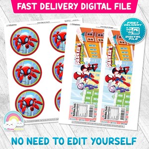 May include: A digital file template for potato chip can labels and circular lids featuring red and blue spider-themed characters, city building graphics, and the text Parker's 5th Birthday, including a nutrition facts label and a fast delivery icon.