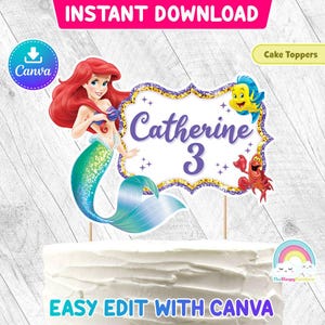 Little Mermaid Birthday Party Cake Toppers Little Mermaid Ariel Printable Birthday Cake Toppers Easy Edit Canva Template Editable File