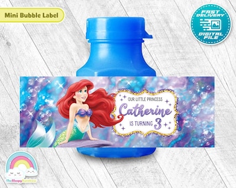 Kleine zeemeermin verjaardagsfeestje mini bellenblaas label kleine zeemeermin Ariel mini bellenblaas label afdrukbare decoratie