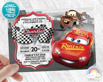 Cars Birthday Party Invitation Cars Lightning McQueen Mater Birthday Party Invitation Boy Race Car Birthday Party Invite