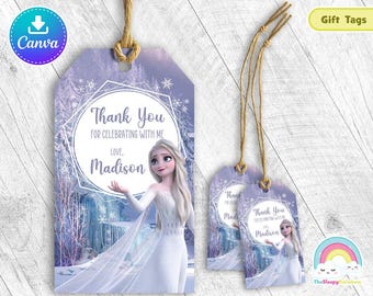 Etiquetas de regalo para fiesta de cumpleaños de Frozen con vestido blanco de Elsa Etiquetas de regalo de Frozen de Elsa Etiquetas de agradecimiento Plantilla de Canva de fácil edición Archivo editable