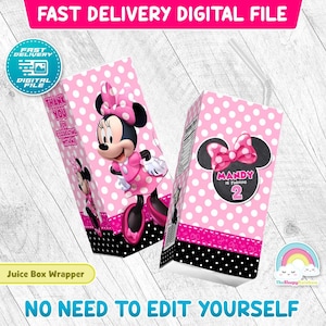 Minnie Mouse Birthday Party 6 oz Juice Box Wrapper Minnie Pink Juice Box Label Printable Decoration
