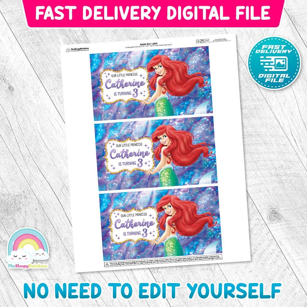 Little Mermaid Birthday Party Gable Box Label Princess Ariel Treat Box ...