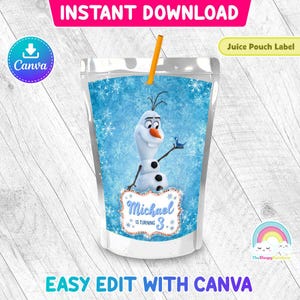 Olaf Birthday Party Juice Pouch Label Beautiful Glitter Frozen Olaf Juice Label Printable Easy Edit Canva Template