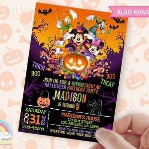 May include: A Halloween-themed birthday party invitation featuring Mickey Mouse and friends. The invitation is decorated with pumpkins, candy, and bats. The text on the invitation reads "Trick or Treat, Join us for a Spooktacular Halloween Birthday Party, Madison is turning 5, Saturday October 31, 2021, 2:00-4:00PM, Madison's House, 123 Elm Street, Los Angeles, LA 12345, RSVP to Mom 123-4567-8, Everyone wear your best costume."
