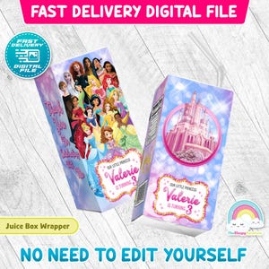 Pode incluir: Duas embalagens de caixas de sumo com tema de princesa. Uma apresenta uma colagem de princesas, a outra um castelo rosa. Ambas têm o texto "Our Little Princess Valerie is Turning 3". As embalagens estão rotuladas como "Fast Delivery Digital File".