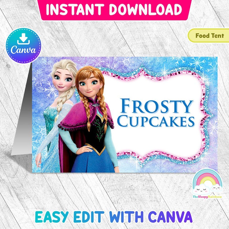 May include: Printable Frozen themed food tent sign with a blue, purple, and white background. The sign features a picture of Elsa and Anna from the movie Frozen. The text on the sign reads "FROSTY CUPCAKES".