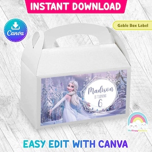 Elsa White Dress Birthday Party Gable Box Label Frozen Elsa Treat Box Sticker Printable Easy Edit Canva Template Editable File