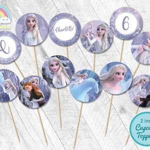 Elsa Vestido Blanco Elegante cupcake toppers 2 pulgadas redondo Fiesta de cumpleaños Imprimible Elsa Frozen 2 pulgadas círculo Sticker cupcake topper