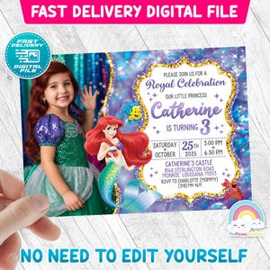 Little Mermaid Invitation Birthday Invite Party Mermaid Princess Ariel Invites Birthday Invitations with your child's picture image 1