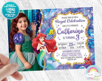 Convite de Aniversário da Pequena Sereia Convite para Festa Sereia Princesa Ariel Convites de Aniversário com a foto do seu filho(a)