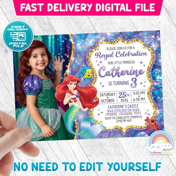 Little Mermaid Invitation Birthday Invite Party Mermaid Princess Ariel Invites Birthday Invitations with your child's picture