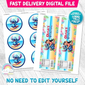 May include: Digital file featuring Stitch surfing, set in a blue ocean within a circular frame. Also included are chip bag wrappers with the text "Olivia's 5th Birthday" and a tropical design. The file is labelled "Fast Delivery Digital File."