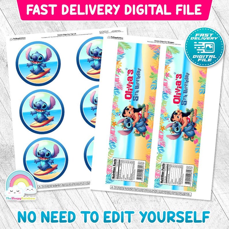 May include: Digital file featuring Stitch surfing, set in a blue ocean within a circular frame. Also included are chip bag wrappers with the text "Olivia's 5th Birthday" and a tropical design. The file is labelled "Fast Delivery Digital File."