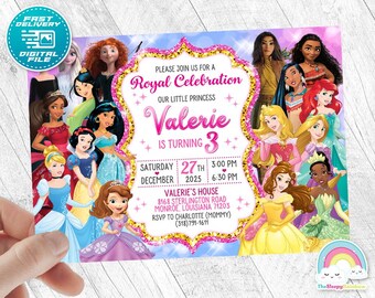 Princess Invitation Birthday Invite Party All Princess Invites Birthday Invitations Glitter Gold Beautiful Digital File