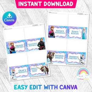 May include: Printable Frozen themed food labels with images of characters from the movie. The labels include text such as "Frosty Cupcakes", "Kristoff's Meatballs", "Olaf's Nuggets", "Sven's Tossed Salad", "Anna's Snowballs", "Elsa's Icicles", "Frozen Sweets", and "Snowy Cake Pops".