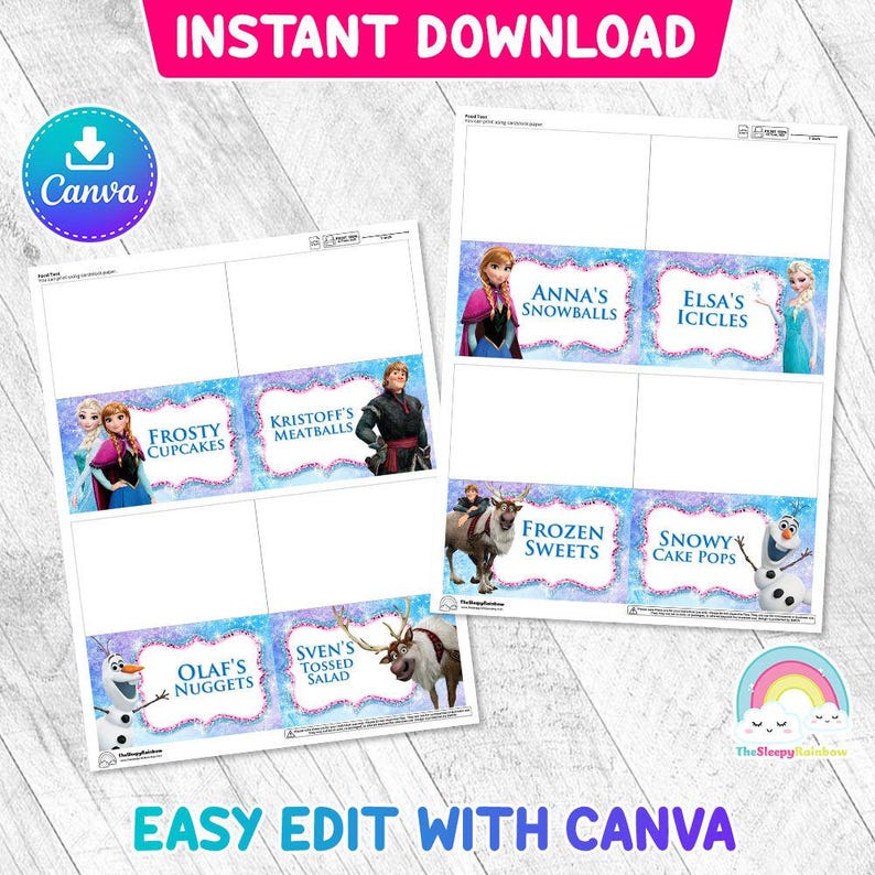 May include: Printable Frozen themed food labels with images of characters from the movie. The labels include text such as "Frosty Cupcakes", "Kristoff's Meatballs", "Olaf's Nuggets", "Sven's Tossed Salad", "Anna's Snowballs", "Elsa's Icicles", "Frozen Sweets", and "Snowy Cake Pops".