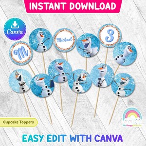 Frozen Olaf cupcake toppers 2 inch round Birthday Party Printable Frozen 2 inch circle Sticker cupcake topper Edit Canva Template Editable