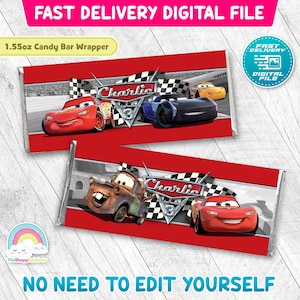 Cars Birthday Party Candy Bar Wrapper Race Car Lightning McQueen Mater Chocolate Bar Wrapper Label Printable Decoration