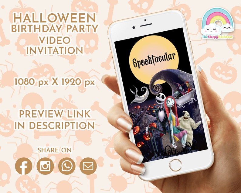 May include: A smartphone screen displaying a Halloween birthday party video invitation with a spooky theme. The video features Jack Skellington and Sally from The Nightmare Before Christmas. The text on the screen reads "Spooktacular".