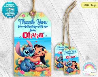 Etiquetas de regalo para fiesta de cumpleaños de Lilo y Stitch, etiquetas de regalo de Stitch, etiquetas de agradecimiento, decoración imprimible para fiesta de verano