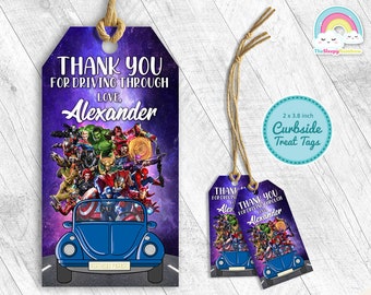 Avengers Birthday Party Favor Tags Avenger Gift Curbside Treats Tags Thank you Label Iron Man Captain America Hulk Thor Ant Man Spiderman