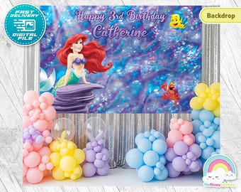 Fondo de pantalla para decoración de fiesta de cumpleaños de la princesa Ariel, pancarta imprimible, fondo de princesa sirena