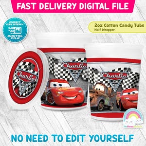 Cars Birthday Party Cotton Candy Tub Wrapper Label Race Car 2 oz Cotton candy Printable Lighting Mc Queen Mater Decoration