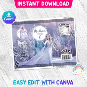 Puede incluir: Bolsa de regalo para fiestas imprimible con tem&aacute;tica de Frozen con un fondo azul y morado que presenta una imagen de Elsa de la pel&iacute;cula Frozen. La bolsa tiene el texto "Madison cumple 6 a&ntilde;os" y "Gracias por celebrar conmigo".