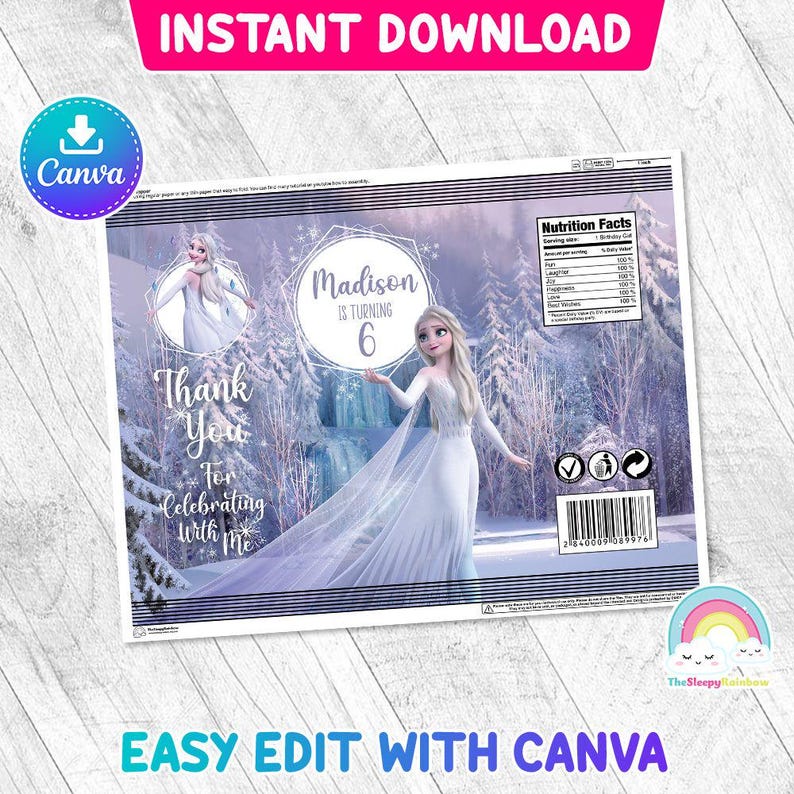 Puede incluir: Bolsa de regalo para fiestas imprimible con tem&aacute;tica de Frozen con un fondo azul y morado que presenta una imagen de Elsa de la pel&iacute;cula Frozen. La bolsa tiene el texto "Madison cumple 6 a&ntilde;os" y "Gracias por celebrar conmigo".