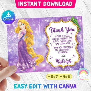 Tarjeta de agradecimiento de cumpleaños de la princesa Rapunzel. Invitaciones de Enredados. Tarjeta de agradecimiento de cumpleaños. Plantilla de Canva de fácil edición. Archivo editable.