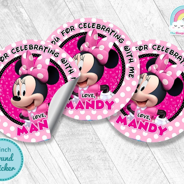 Minnie Mouse 3 inch round sticker Birthday Party Favor Tags Minnie 3 inch circle Sticker Treats Tags Thank you Label